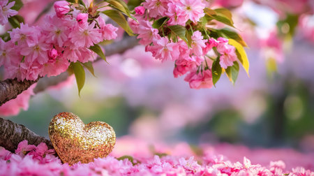 A stunning cherry blossom tree adorned with a shiny golden heart, set against a dreamy pink backdrop. This image evokes feelings of love and tranquility, perfect for springtime themes.の素材