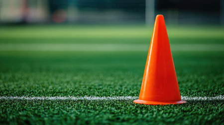 A bright orange training cone placed on a green grass surface, ideal for sports activities and training sessions. Perfect for enhancing focus and organization in drills.の素材