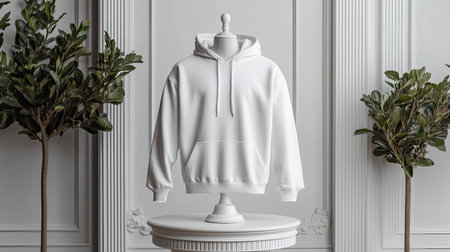 A stylish white hoodie displayed on a pedestal in an elegant setting, complemented by greenery. The perfect blend of modern design and versatile fashion.の素材