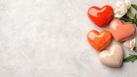A serene arrangement of heart-shaped stones in vibrant colors with delicate flowers on a soft background, perfect for conveying love and warmth.の素材