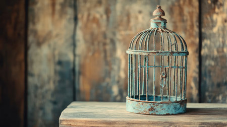 A vintage metal birdcage with a rustic charm sits on a wooden surface against a weathered backdrop, evoking nostalgia and simplicity in design.の素材
