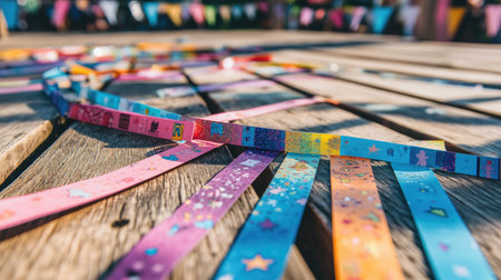 Colorful ribbons spread across a wooden surface, adding a festive touch to any celebration. The vibrant hues capture the playful spirit of a joyful party atmosphere.の素材