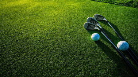 A stunning close-up of golf clubs and balls resting on a vibrant green lawn, ideal for illustrating outdoor sports, leisure activities, and nature's beauty.の素材