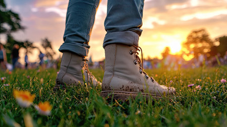 A close-up view of stylish boots resting on green grass, featuring a stunning sunset backdrop. This image captures the essence of outdoor leisure and adventure.の素材