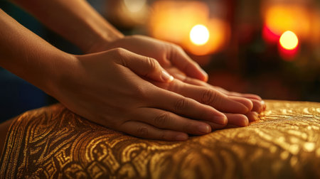 This captivating close-up image showcases gentle hands resting on beautifully textured golden fabric, creating a soothing and warm ambiance perfect for wellness and relaxation themes.の素材