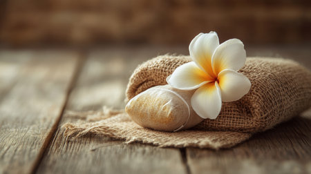 Experience ultimate relaxation with this serene image featuring a plumeria flower atop a herbal pouch, inviting tranquility and natural beauty into your spa or wellness space.の素材