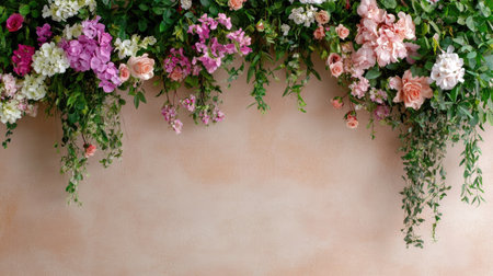 A beautiful floral arrangement featuring an array of vibrant colors and lush greenery against a soft, neutral background, perfect for events or decor.の素材