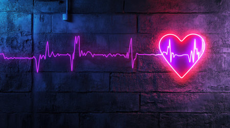 This striking image features a neon heartbeat line and a glowing heart outline against a dark wall, capturing the essence of love and energy in a modern art style.の素材