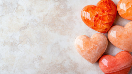 A beautiful arrangement of colorful heart-shaped crystals in warm tones of orange and pink on a light textured background, perfect for expressing love and emotion.の素材