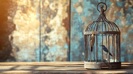A vintage birdcage with two colorful birds sits on a rustic wooden table, bathed in soft sunlight. The backdrop features weathered blue walls, creating a serene atmosphere.の素材