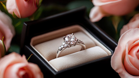 A stunning diamond ring elegantly displayed in a luxurious box, surrounded by soft pink roses. This beautiful arrangement symbolizes love and romance, perfect for special occasions.の素材