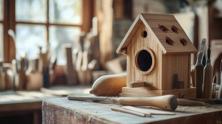 A beautifully crafted wooden birdhouse sits on a workbench in a cozy workshop. Surrounded by tools and natural materials, this scene captures the essence of woodworking creativity.の素材