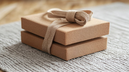 A pair of elegant gift boxes wrapped in soft neutral fabric, perfectly placed on a textured surface, ideal for showcasing holiday or celebratory moments.の素材