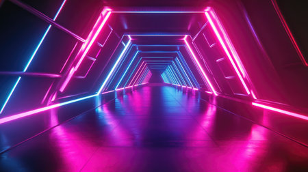 A striking futuristic tunnel featuring vivid blue and pink neon lights. The reflective surfaces create a captivating ambiance, perfect for modern artistic projects.の素材