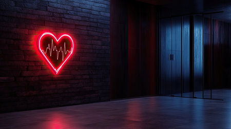 A striking neon heart sign illuminates a dark wall, showcasing a pulse line, adding a modern touch to any interior space with a vibrant and romantic atmosphere.の素材