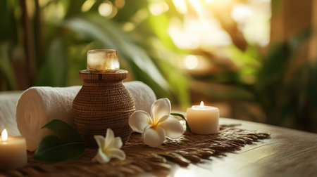 Experience a serene spa atmosphere with soft candles, fresh flowers, and calming decor. Perfect for promoting relaxation and self-care moments in any setting.の素材