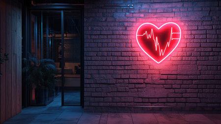 A vibrant neon heart sign featuring a pulse line, set against a textured brick wall. Ideal for themes of love, health, and urban design aesthetics.の素材