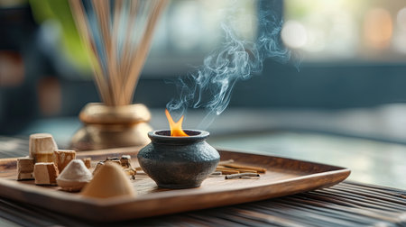 This image captures a tranquil scene featuring incense, smoke, and natural elements, perfect for promoting relaxation, meditation, and wellness.の素材