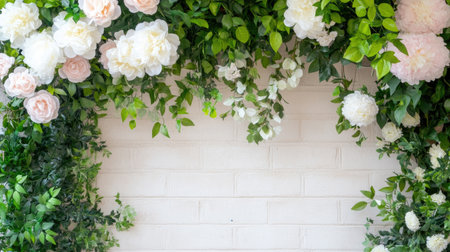Beautiful floral wall decor featuring lush greenery and soft pastel blooms, perfect for enhancing spaces with elegance. Ideal for events or photography.の素材