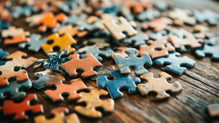 A vibrant collection of jigsaw puzzle pieces scattered on a wooden table, inviting engagement and creativity. Perfect for highlighting leisure activities and cognitive challenges.の素材