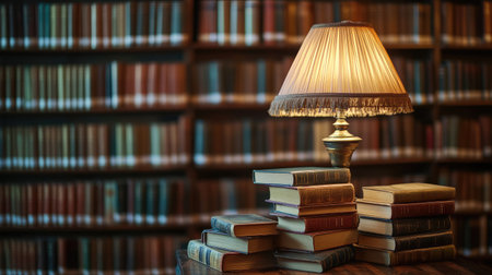 A cozy library scene featuring stacked books and an elegant lamp, creating a warm atmosphere perfect for reading and studying. Ideal for interior design themes.の素材