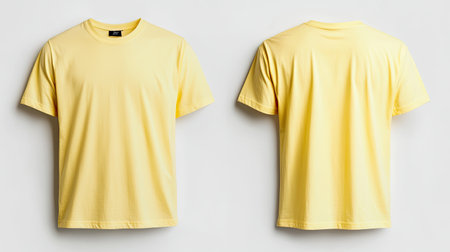 Bright yellow short sleeve t-shirt displayed from the front and back. Perfect for showcasing casual fashion and design options. Ideal for summer wear.の素材