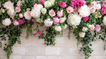 A stunning floral arrangement featuring pink and white blooms adorning a wall. Ideal for events, weddings, or creating a charming atmosphere. Perfect for decorative purposes.の素材