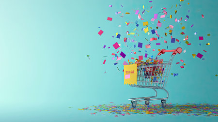 A shopping cart filled with vibrant confetti creates a joyful atmosphere. The colorful shower of pieces represents celebration and excitement in retail.の素材