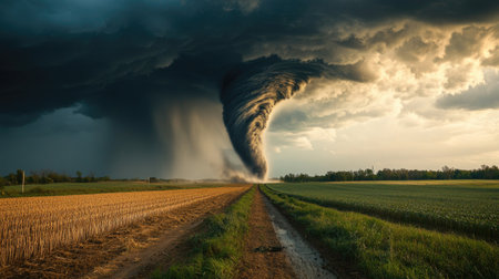 A stunning tornado forms dramatically over a rural landscape, with golden fields and a dirt road leading into the heart of the storm, capturing nature's raw power.の素材