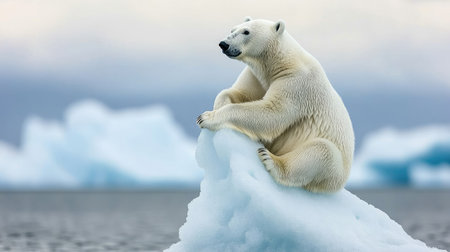 A solitary polar bear sits atop an iceberg in a tranquil Arctic scene, surrounded by a soft ocean backdrop. This wildlife portrayal captures the beauty of nature.の素材
