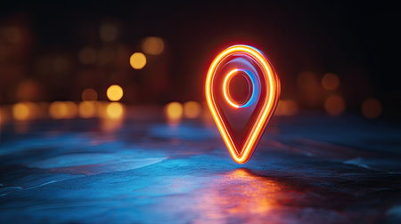A vibrant neon location pointer glows against a dark background, creating an artistic ambiance with a blurred bokeh effect. Perfect for navigation themes.の素材