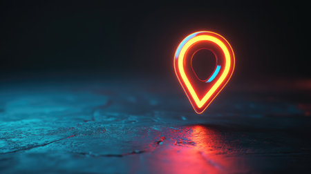 A striking neon location pin icon emits a vibrant glow in a dark setting, creating an engaging visual for navigation, travel, or technology themes.の素材