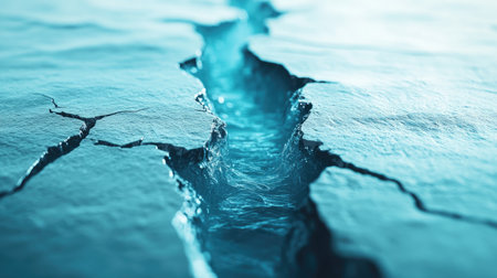 A stunning close-up of a cracked surface reveals vibrant blue water flowing through the fissure. The contrast of textures showcases the beauty of nature's design.の素材