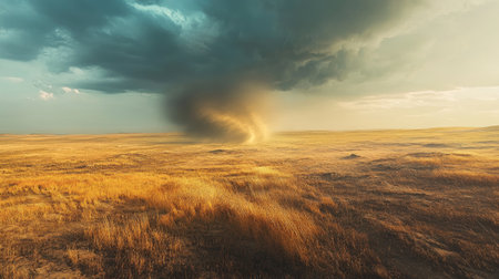 A stunning dust storm sweeps across an expansive golden landscape, under a moody sky filled with dramatic clouds, capturing the essence of nature's power.の素材