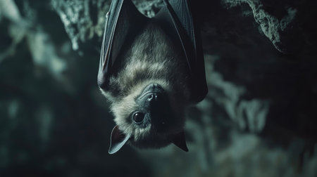 A detailed view of a brown bat hanging upside down in a dark cave, showcasing its unique features and serene demeanor in its natural habitat.の素材
