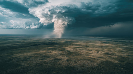 A breathtaking aerial view captures a dramatic tornado forming over a vast landscape, highlighting the power and beauty of nature amidst dark clouds.の素材