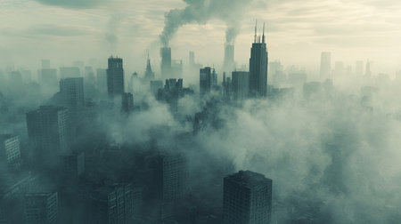 A captivating view of a foggy cityscape featuring towering skyscrapers shrouded in industrial smoke, creating a dramatic and atmospheric urban landscape at twilight.の素材