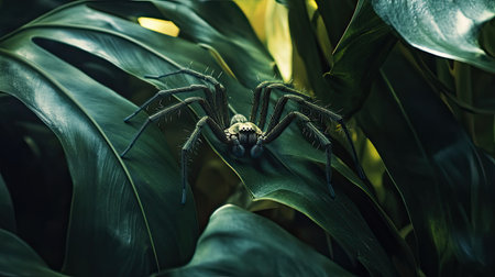 A detailed close-up view of a spider perched on lush green leaves in a tropical environment, showcasing the intricate features and vibrant colors of this fascinating creature.の素材