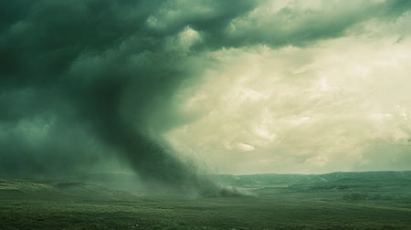 A dramatic scene captures dark storm clouds swirling over a vast landscape, with a tornado forming in the distance. The atmospheric tension emphasizes nature's raw power.の素材