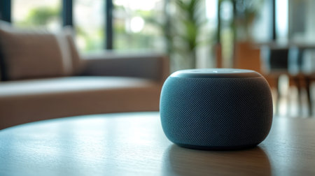 A stylish smart speaker rests on a wooden table in a modern living room, showcasing contemporary design and functionality. The inviting space is perfect for relaxation.の素材