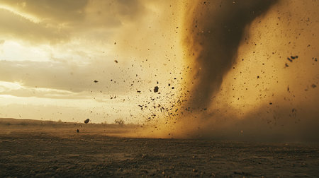A powerful dust tornado spins dramatically across a barren landscape at sunset, capturing the raw energy of nature's forces in a stunning display.の素材
