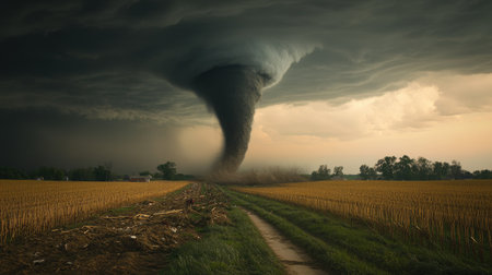 A striking image of a tornado forming over a rural landscape, showcasing the raw power of nature. The ominous sky sets a dramatic tone for the stormy scene.の素材