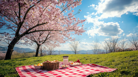 Enjoy a delightful spring picnic beneath blooming cherry blossom trees. The vibrant setting offers a perfect backdrop for relaxation and outdoor enjoyment.の素材