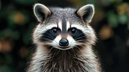 A close-up portrait of a curious raccoon showcasing its bright eyes and intricate fur. This adorable mammal explores its natural habitat, embodying wildlife's charm.の素材
