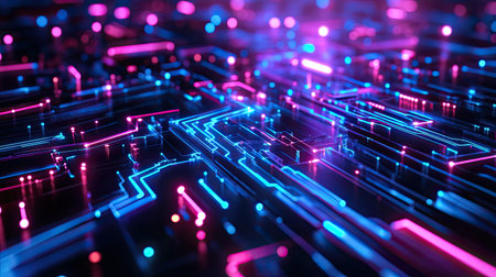 This abstract futuristic image features glowing circuit lines with vibrant blue and pink colors, representing technology connections and digital innovation.の素材