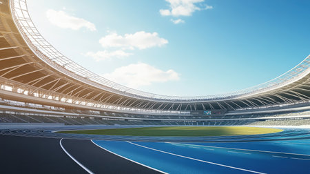 This image showcases a modern athletic stadium featuring a vibrant blue track under a clear sky, ideal for sports events, training, or architectural presentations.の素材