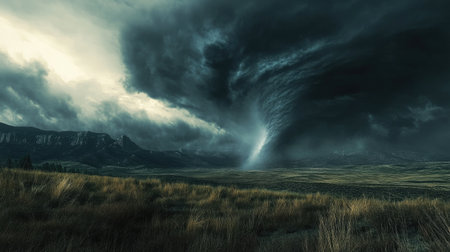 A captivating scene of swirling storm clouds enveloping a vast landscape, showcasing the raw power of nature and the beauty of remote wilderness.の素材