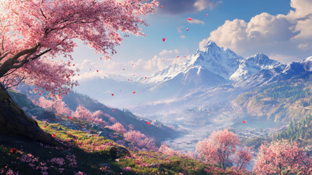 A breathtaking landscape features vibrant cherry blossoms against majestic mountains. The serene atmosphere and stunning scenery invite moments of tranquility and reflection.の素材