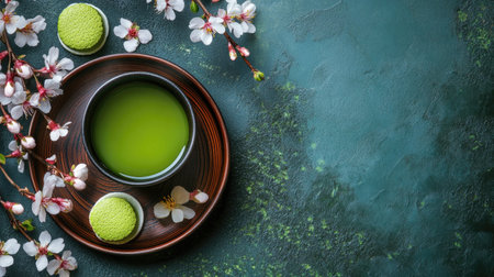 A serene arrangement showcasing a bowl of green tea paired with delicate cherry blossoms and a matcha treat, emphasizing tranquility and spring beauty.の素材