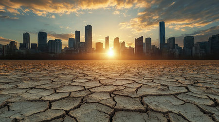 A striking juxtaposition of cracked earth and a modern city skyline during sunset, highlighting environmental issues and the beauty of nature against urbanization.の素材
